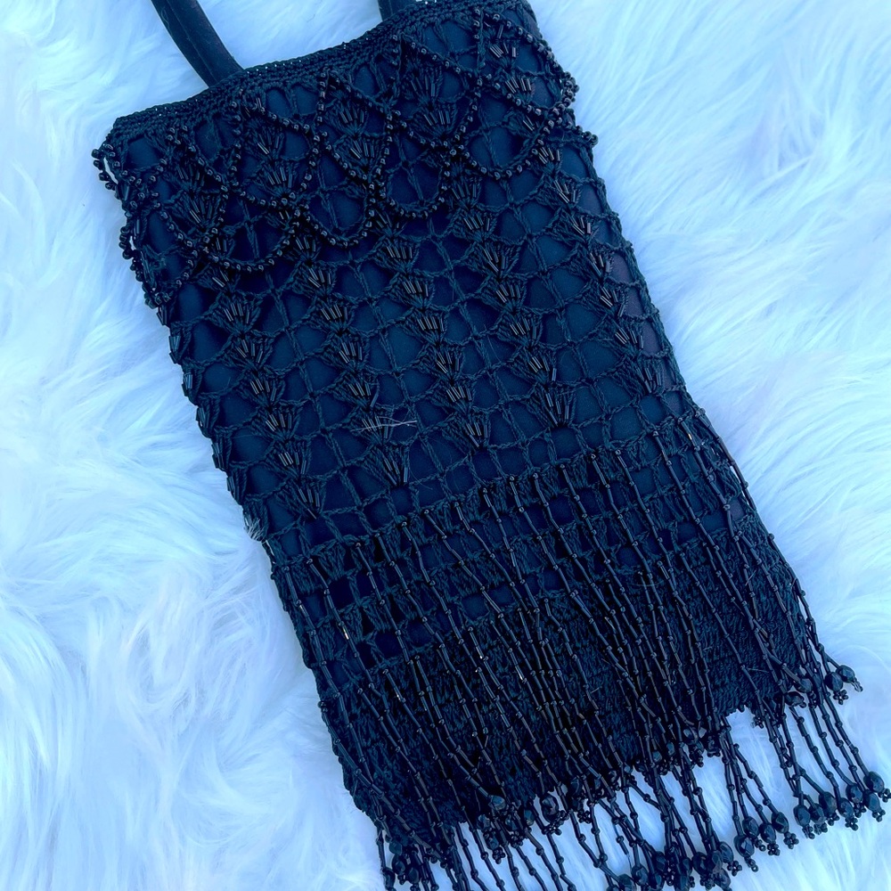 Vintage 1950s black beaded evening bag fringe
